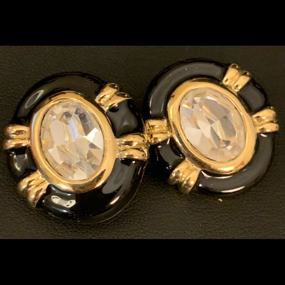 Vintage black and gold tone clip on earrings with cubic zirconium circa 1980s